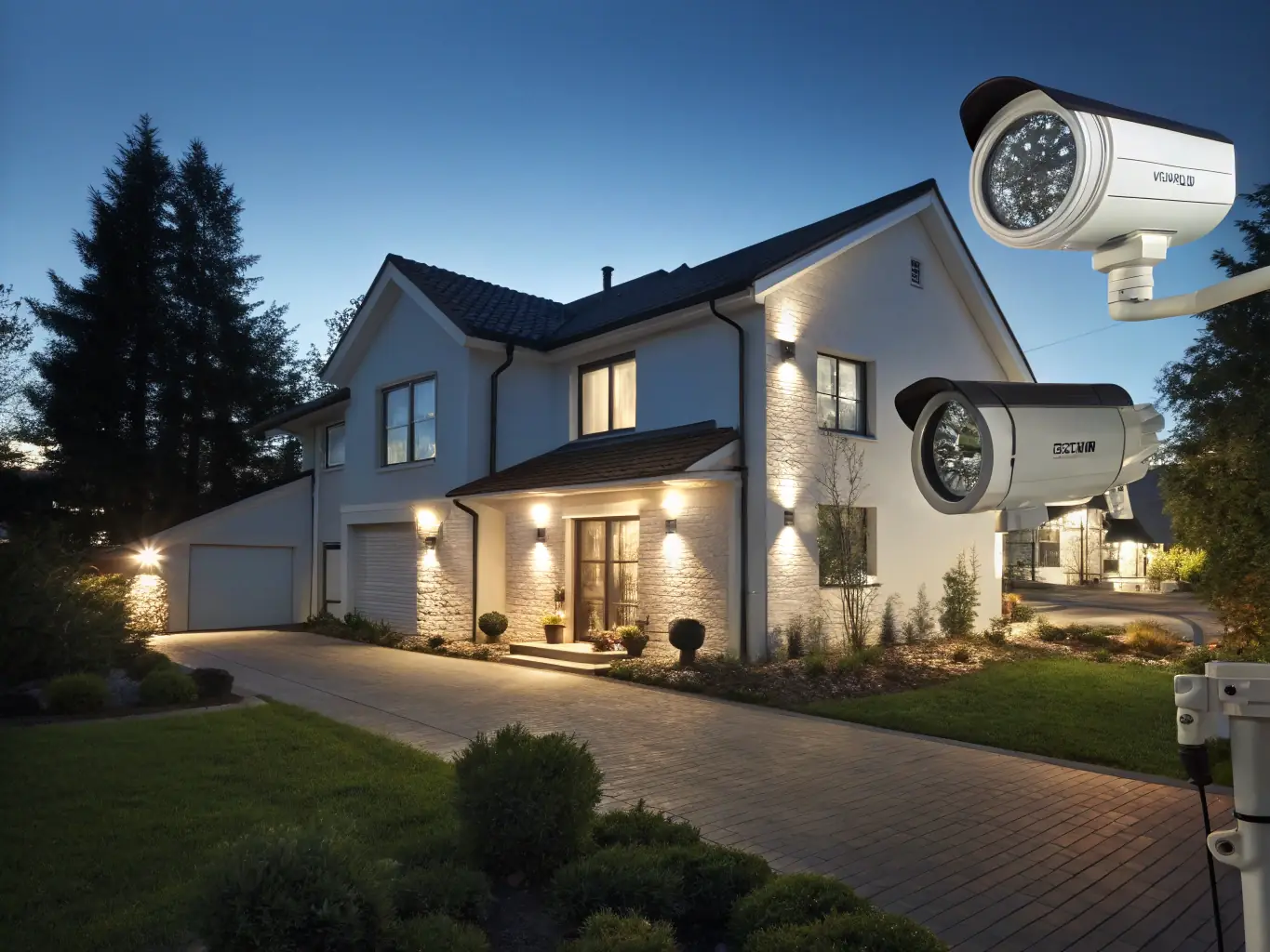 A modern home with integrated security cameras, alarm panels, and sensors, illustrating a comprehensive security setup.