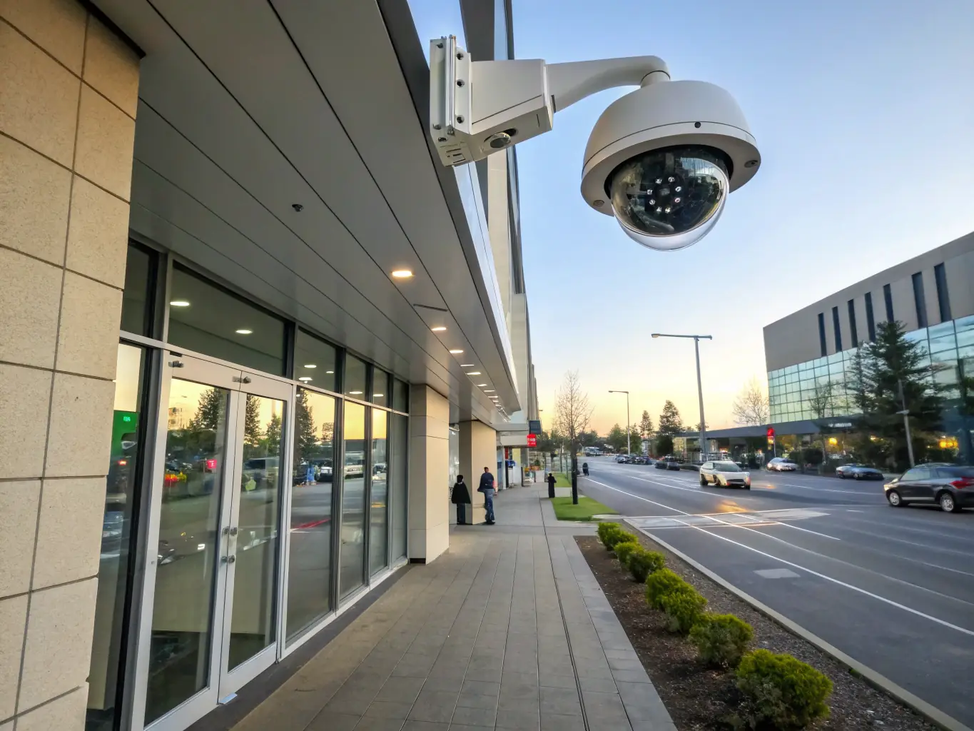A security camera mounted on a building, capturing live footage with a clear view of the surroundings.