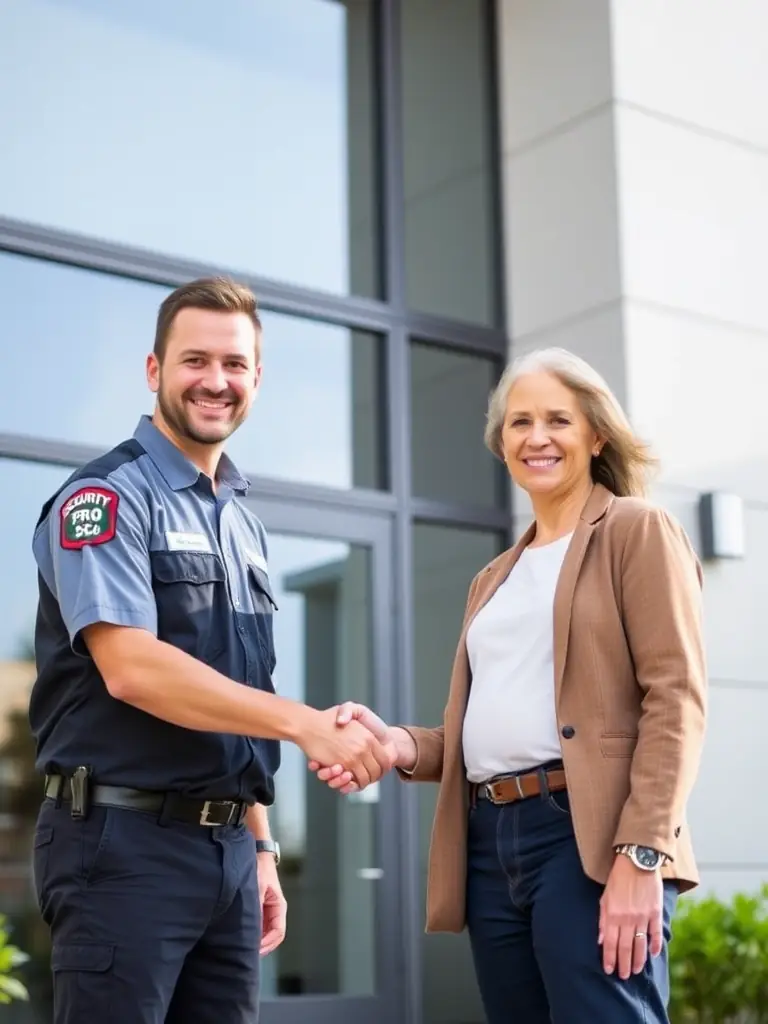 A close-up shot of a Security Pro SC technician interacting with a business owner, shaking hands and smiling, in front of a modern office building in Lexington, South Carolina. The focus is on building trust and local connection.
