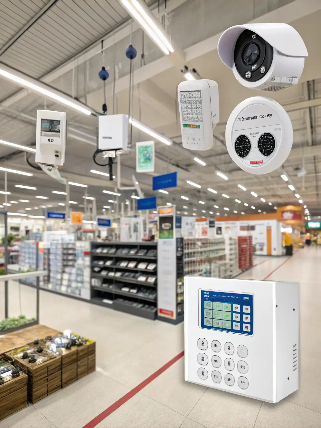 A high-definition image showcasing Security Pro SC's commercial-grade security equipment, such as a Honeywell Lynx Touch panel and a vandal-proof HD camera, installed in a retail environment.