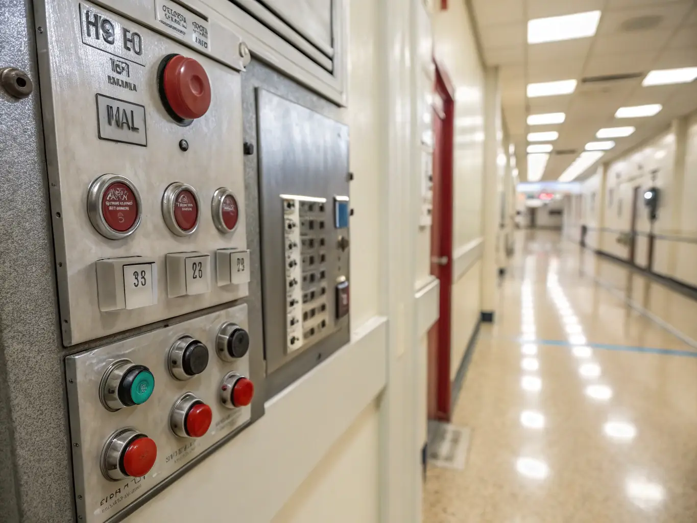 A well-maintained fire alarm control panel in a commercial building, with visible smoke detectors and sprinkler systems in the background, emphasizing fire and life safety.