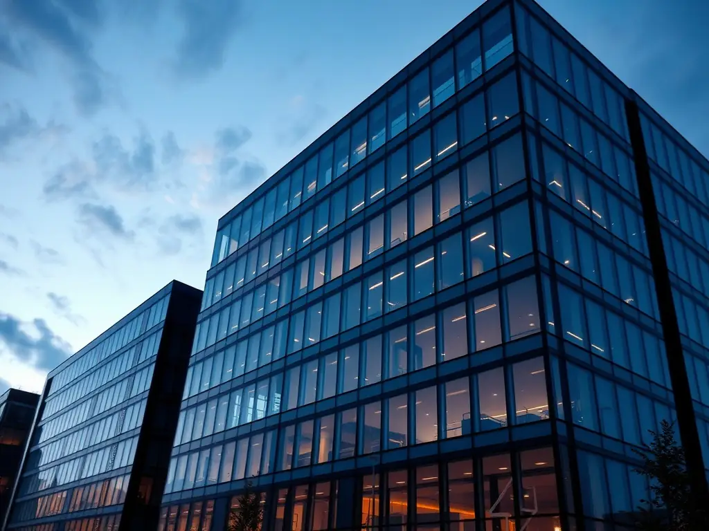 A modern office building exterior at dusk, showcasing security cameras discreetly mounted on the building's facade, symbolizing commercial video surveillance.