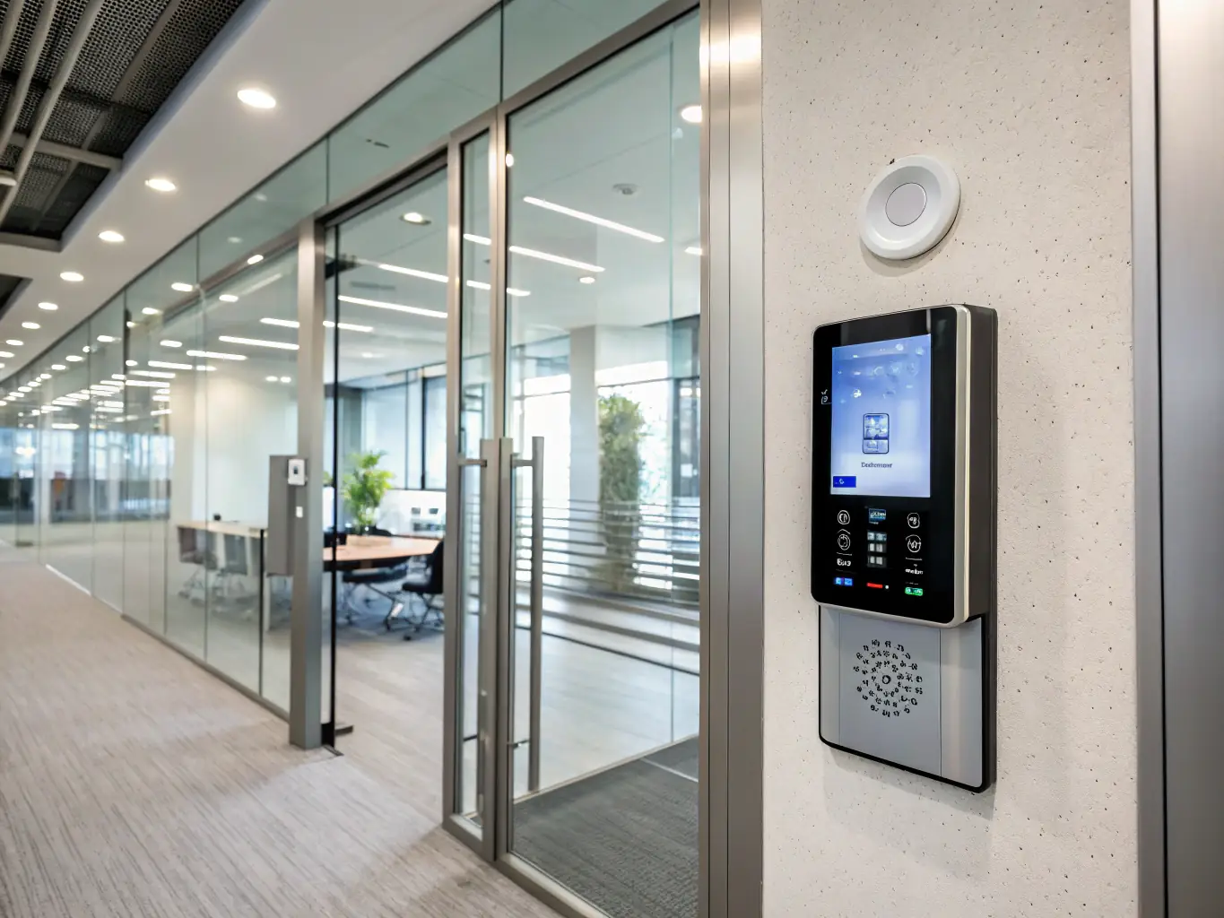 A sleek, modern access control panel installed at the entrance of a corporate office, with an employee badge being scanned for entry.