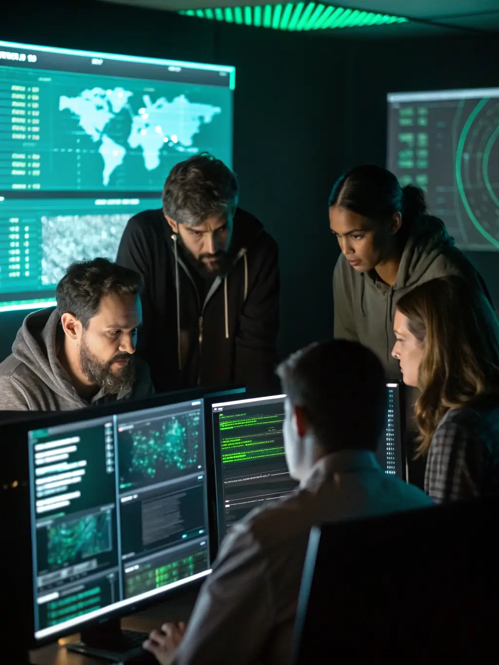 An image depicting Security Pro SC's team designing a custom security system layout on a tablet, with blueprints and security schematics visible in the background, in a modern office setting.