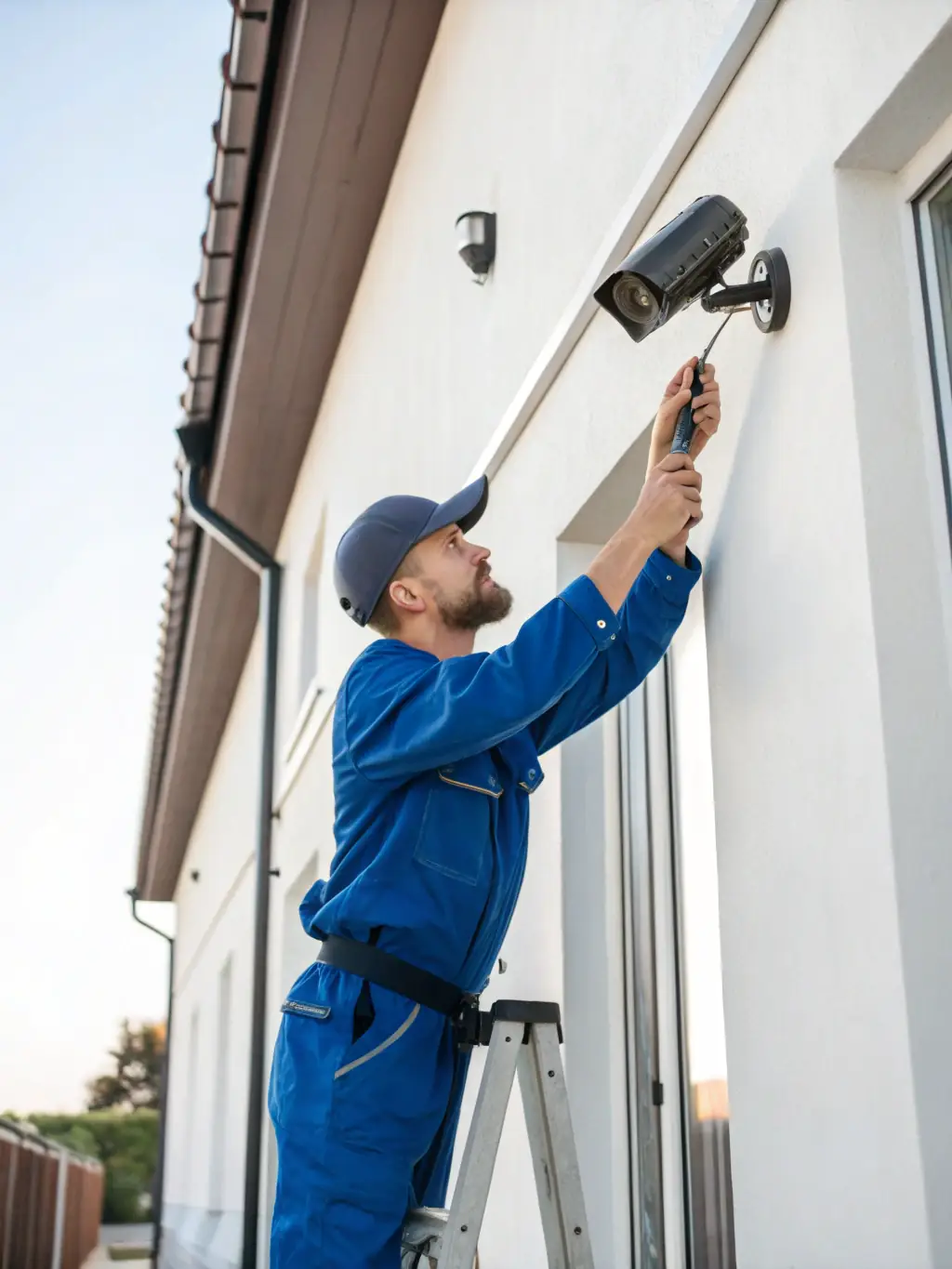 A Security Pro SC certified technician professionally installing a security camera on the exterior of a commercial building, with a focus on precision and attention to detail.